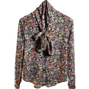Derek Lam 10 Crosby Womens Floral Blouse Sz 2 Tie Neck Pussybow Watercolor Artsy